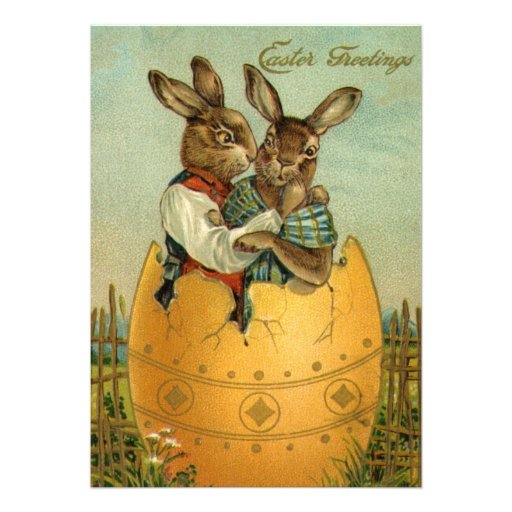 Vintage Easter Greetings, Bunnies in an Egg Personalized Invitation (front side)