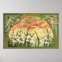 Vintage Easter Lilies and Angels at Sunrise Print