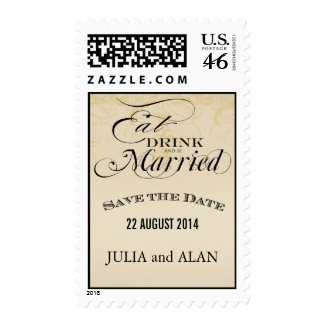 Eat Drink and Be Married Vintage Wedding Invitations Save the Date Postage Stamps by MonogramGallery.ca