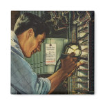 Vintage Electrician Examining Circuit Breakers Fridge Magnet
