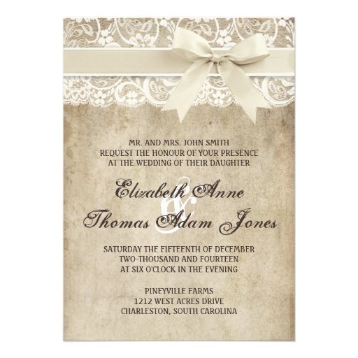 Vintage Elegance Ribbon on Lace Wedding Invitation (front side)