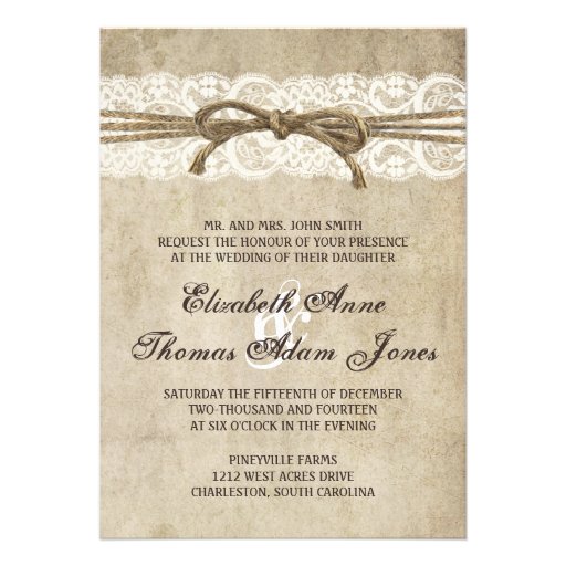 Vintage Elegance Twine on Lace Wedding Invitation
