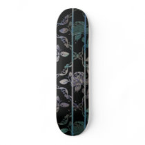 Vintage Elegant Black and Blue-Green Damask Roses Skateboard Decks