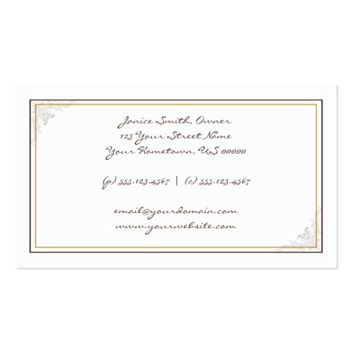 Vintage Elegant Brown Tan Scrolls Business Card (back side)