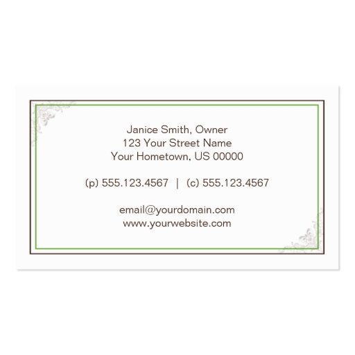 Vintage Elegant Green Brown Scrolls Business Card (back side)