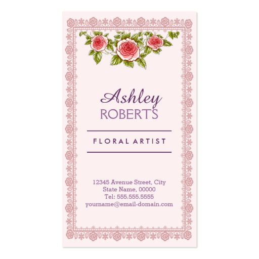 Vintage Elegant Pink Red Roses Frame - Chic Business Card Templates (front side)