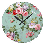 Vintage Elegant Pink Red Roses Pattern Blue Floral clock