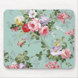 Vintage Elegant Pink and mint blue pastel vintage Roses Pattern Mousepad