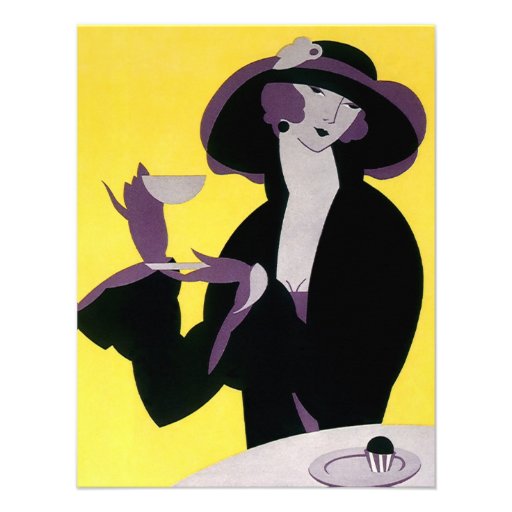 Vintage Elegant Woman Drinking Afternoon Tea Party Invitations