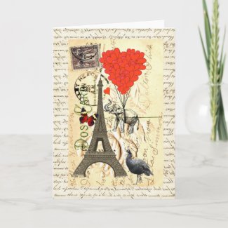 Vintage elephant and red heart balloons greeting card
