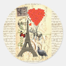 Vintage elephant and red heart balloons round sticker