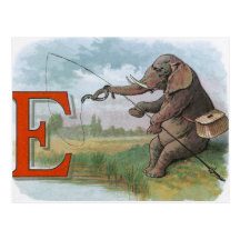Vintage elephant fisherman fishing postcard