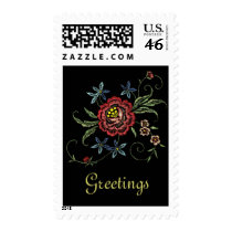 Vintage Embroidered Floral Greetings Postage Stamp
