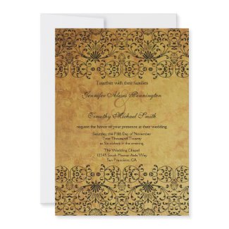 Vintage faded black gold damask wedding invitation invitation
