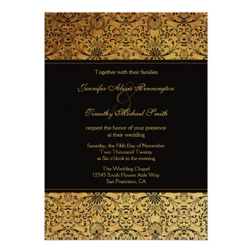 Vintage faded black gold damask wedding invitation