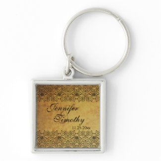 Vintage faded black gold damask wedding keychain keychain