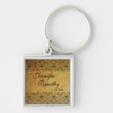 Vintage faded black gold damask wedding keychain