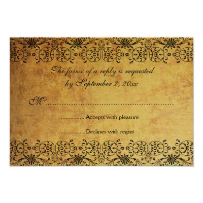 Vintage faded black gold damask wedding RSVP card Invitations
