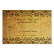 Vintage faded black gold damask wedding RSVP card Invitations