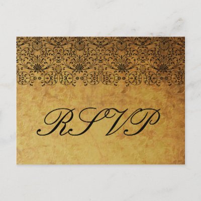 Vintage faded black gold damask wedding RSVP card Postcard