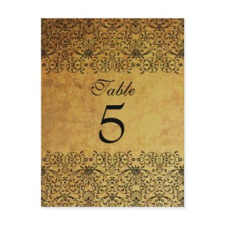Vintage faded black gold damask wedding table card postcard