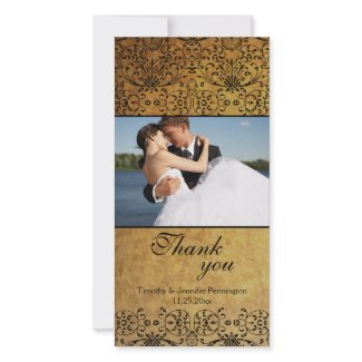 Vintage faded black gold damask wedding thank you photocard