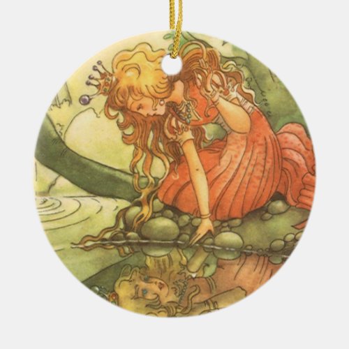 Vintage Fairy Tale, Frog Prince Princess by Pond Ceramic Ornament