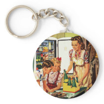 Vintage Family in the Kitchen Having a Snack Key Chain