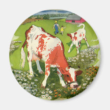 Vintage Farm Animals, Farmer and Cows Grazing Magnet