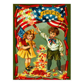Vintage Fireworks and Kids Postcard