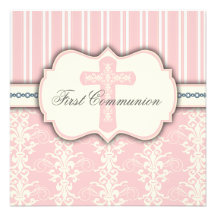 Vintage First Communion Pink Damask Invitation