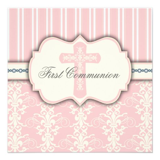Vintage First Communion Pink Damask Invitation (front side)