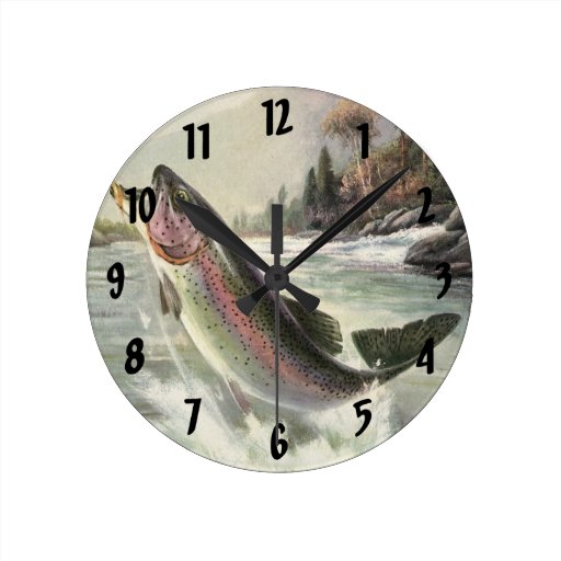 Vintage Fisherman Fishing Rainbow Trout Fish Round Clock Zazzle