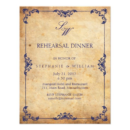 Vintage Floral Blue Monogram Rehearsal Dinner Card Custom Announcements