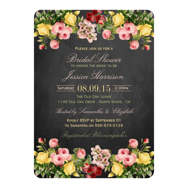 Vintage Floral Chalkboard Bridal Shower 5x7 Paper Invitation Card