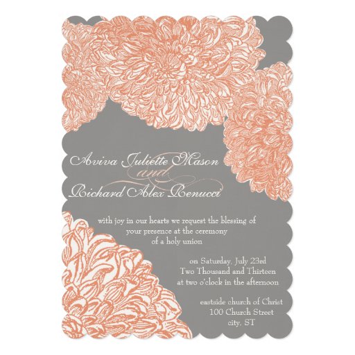 Vintage Floral Chrysanthemum Gray and Peach Personalized Announcement
