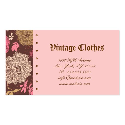 Vintage Floral Fashion Clothing Pink Brown Cream Business Cards (back side)