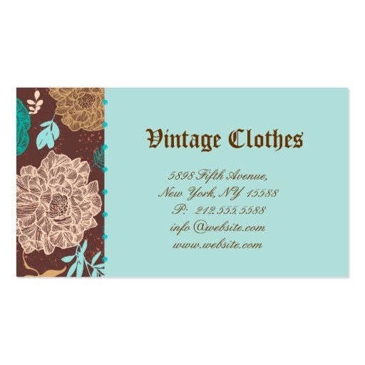 Vintage Floral Fashion Clothing Teal Blue Brown Business Card Template (back side)
