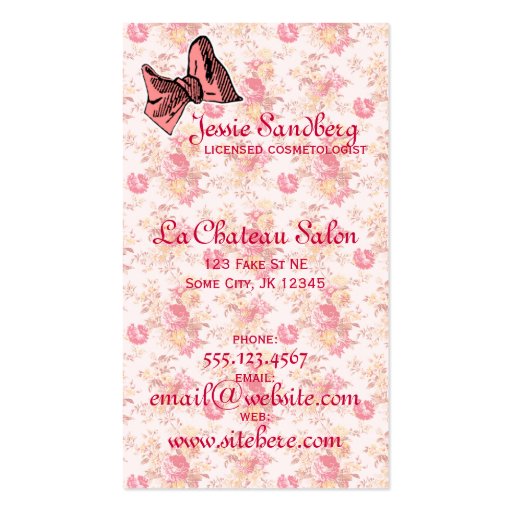 vintage floral hair stylist bouquet pink girly business card template (back side)