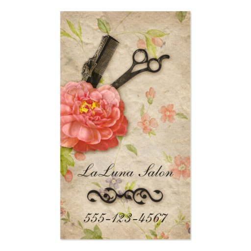 Vintage floral hair stylist salon girly scissors business cards (front side)