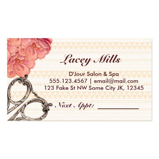 vintage floral hairstylist hair stylist pink girly business card templates (back side)