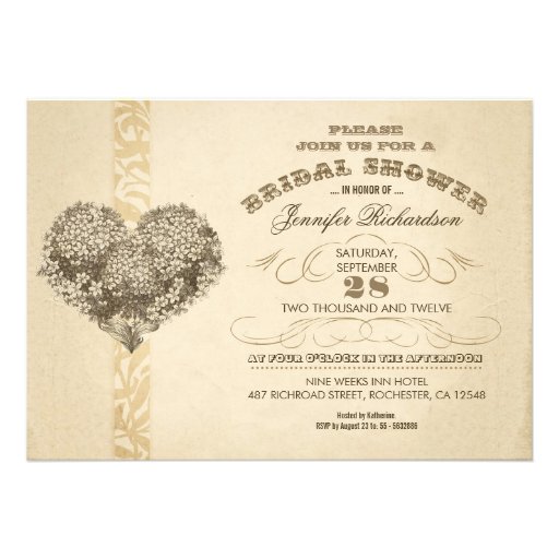vintage floral heart aged bridal shower invites