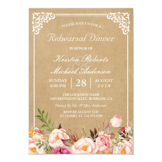 Vintage Floral Kraft | Wedding Rehearsal Dinner Card (front side)