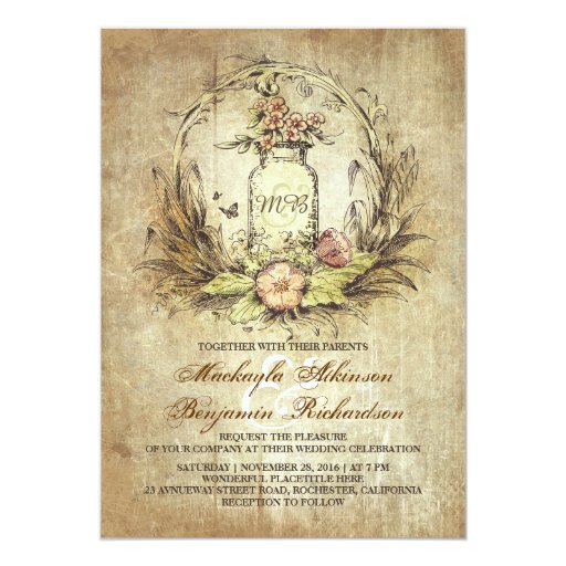 Vintage floral mason jar rustic wedding invitation (front side)