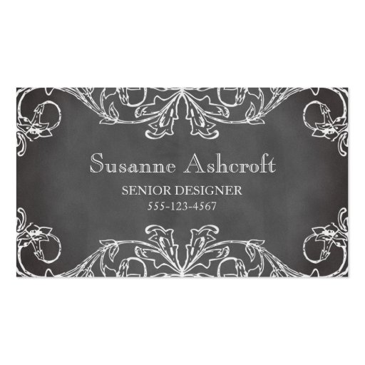 Vintage floral scroll chalkboard chic designer business cards (front side)