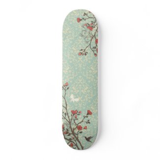 Vintage floral swirls damask + bird flower skateboard