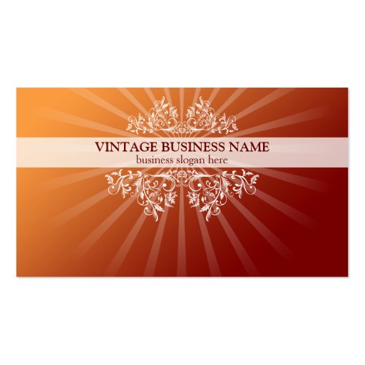 Vintage Floral Swirls & Rays Orange Gradient Business Card Template (front side)