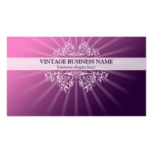 Vintage Floral Swirls & Rays Pink Gradient Business Cards (front side)