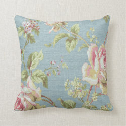 Vintage Floral Throw Pillow-Pink Flowers on Blue