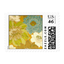 Vintage Floral Wallpaper, Turquoise Green & Brown Stamps